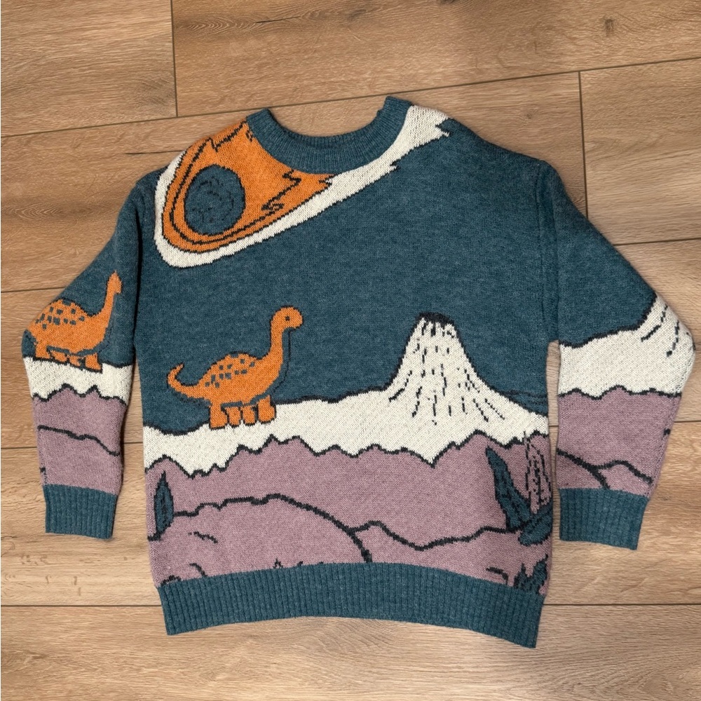 Aelfric Eden Dinosaur Graphic Sweater - Teal, Orange, and Purple